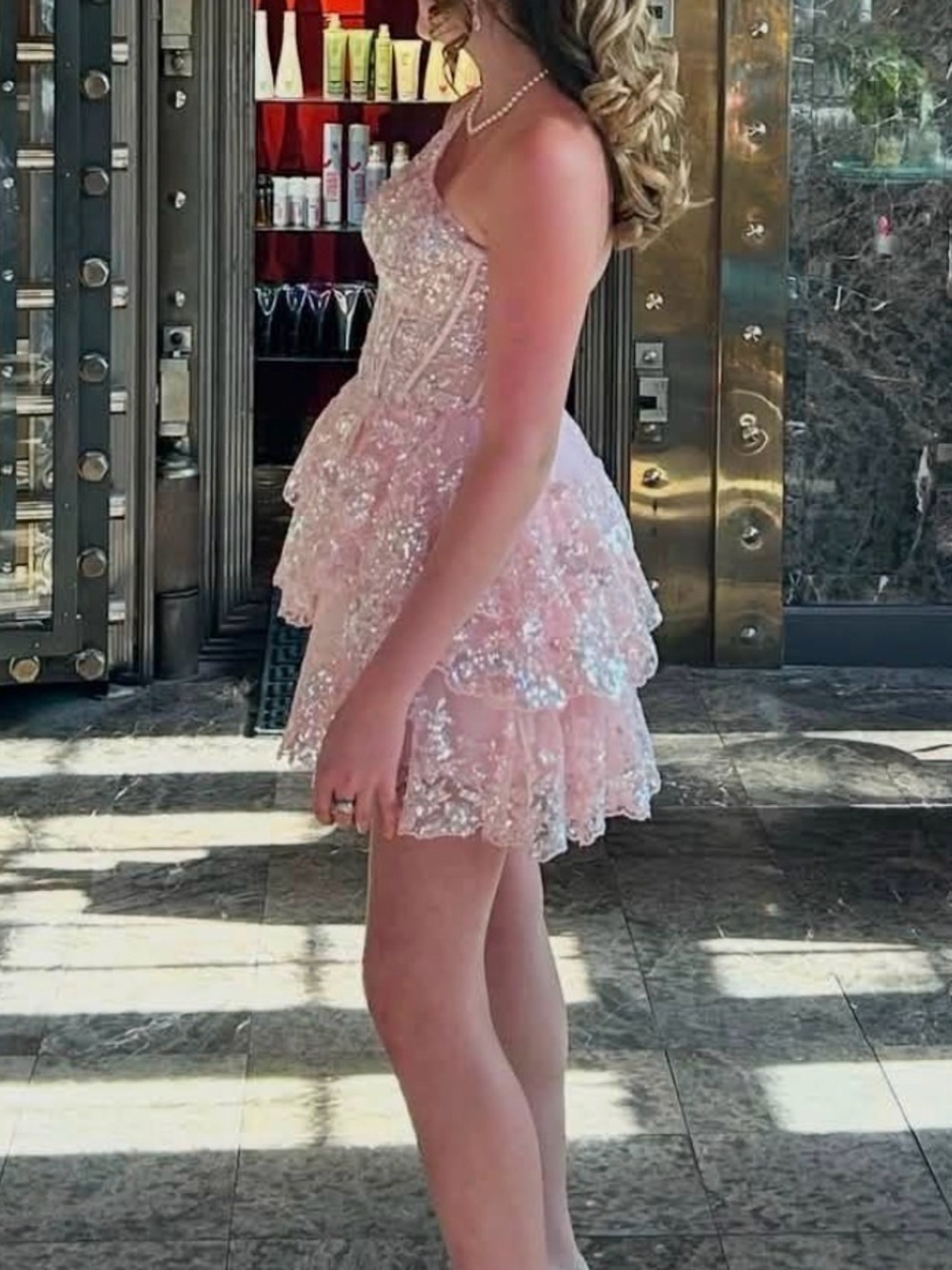 Sparkling Pink Tiered Sequin HOCO Sherri Hill dress